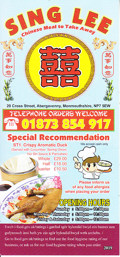 Sing Lee Chinese Takeaway Abergavenny menu